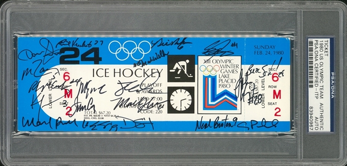 1980 USA Olympic Hockey Team Signed Full Ticket - Miracle on Ice With 19 Signatures Including Eruzione, Craig, Broten & Christian (PSA/DNA)